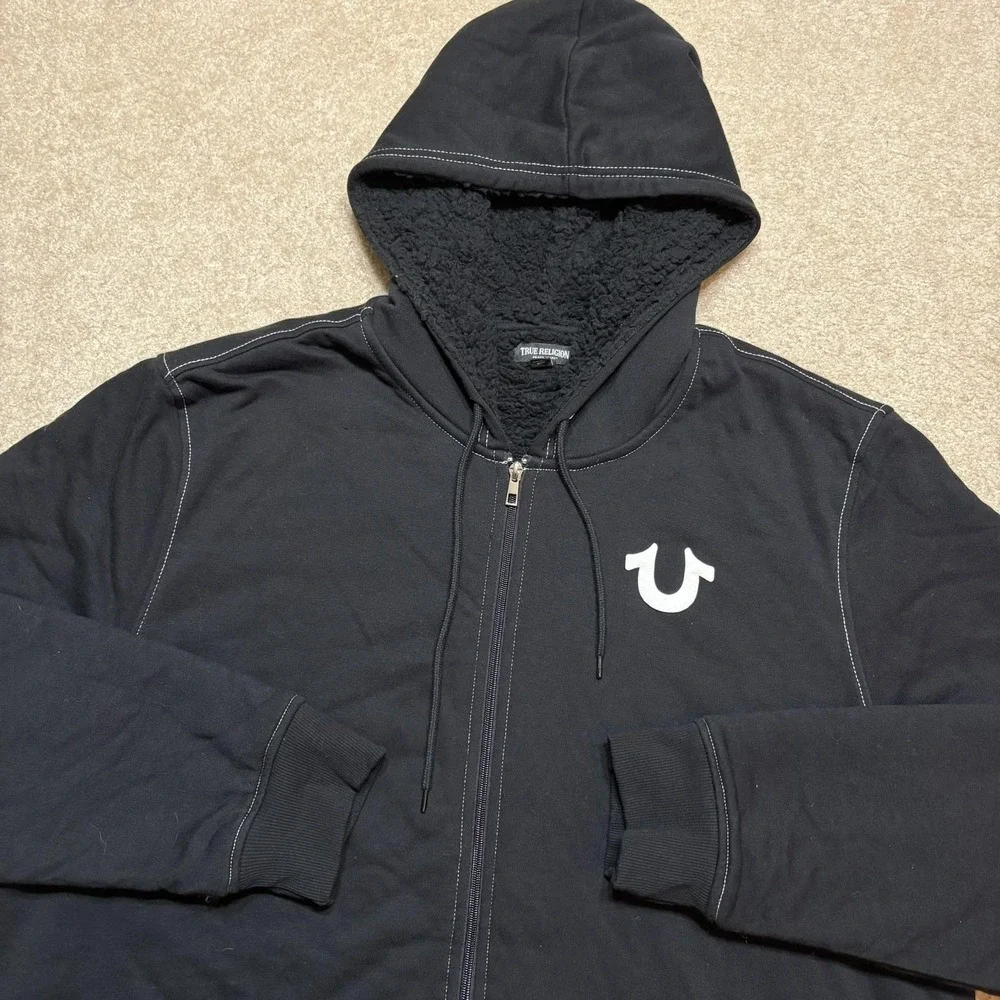 True Religion Hoodie Sweatshirt Mens 3XL Black Logo Seal Sherpa Full Zip Buddha